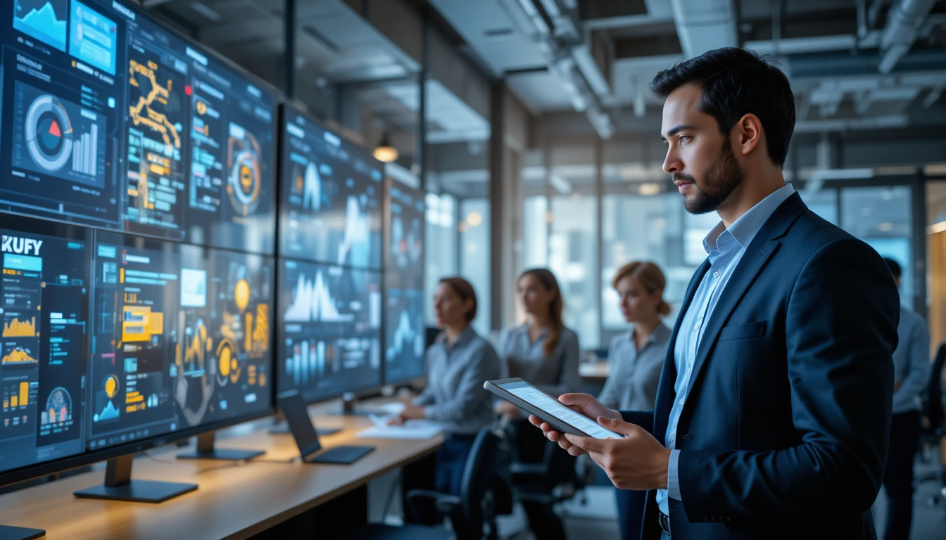 business office with business team analyzing streamlined workflows on large digital screens.