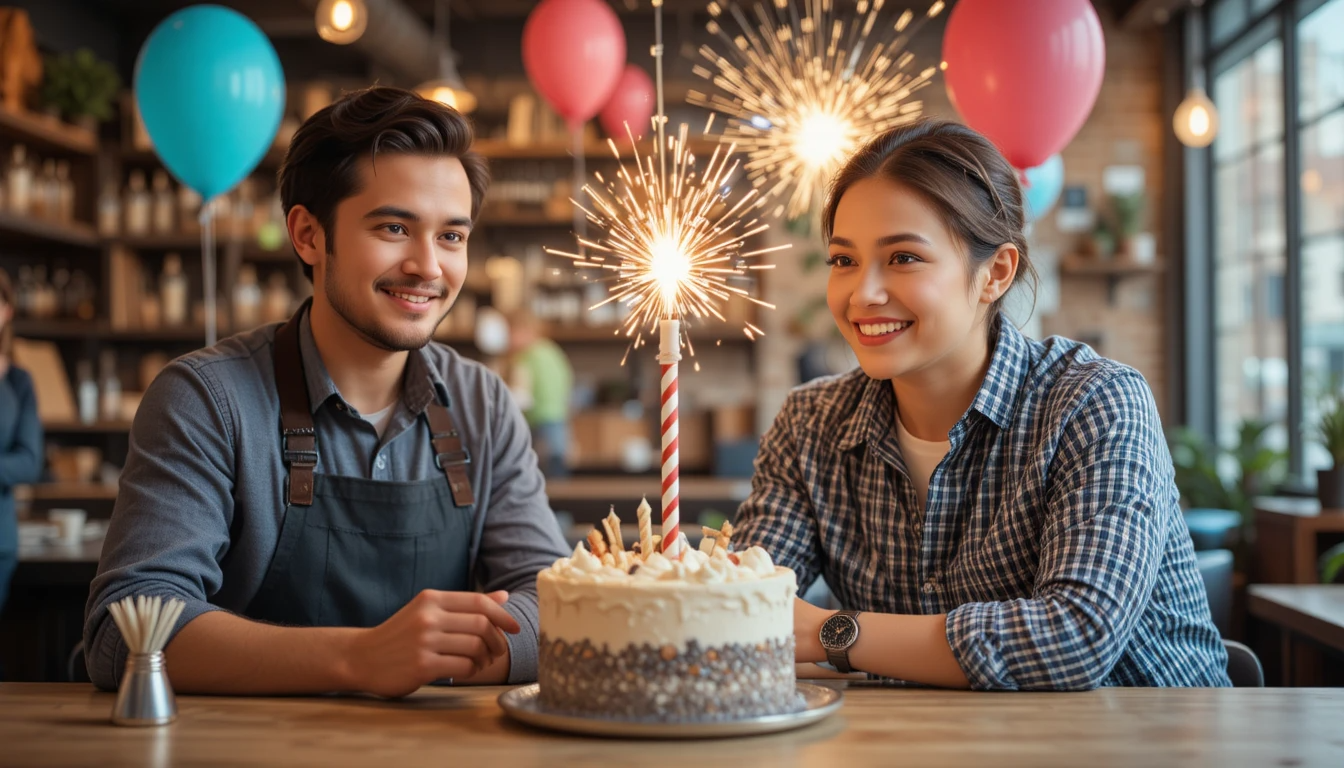 business workers celebrating business anniversary with a cake and balloons