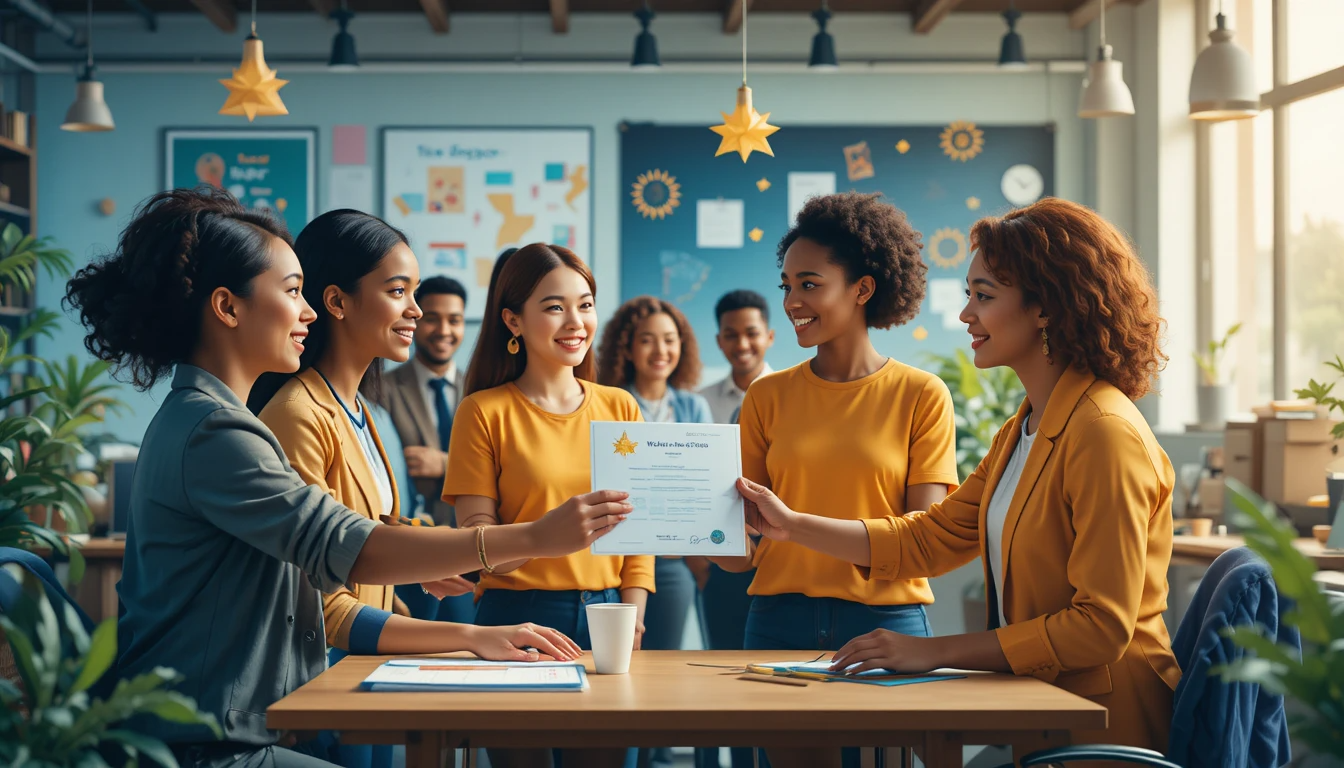 a diverse group of employees collaborating in a workplace setting, showcasing achievement certificates.