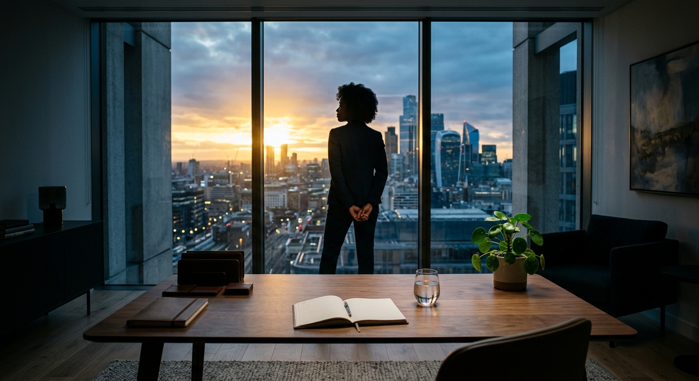 A person in business attire looks out from a high-rise office at a city skyline during sunset