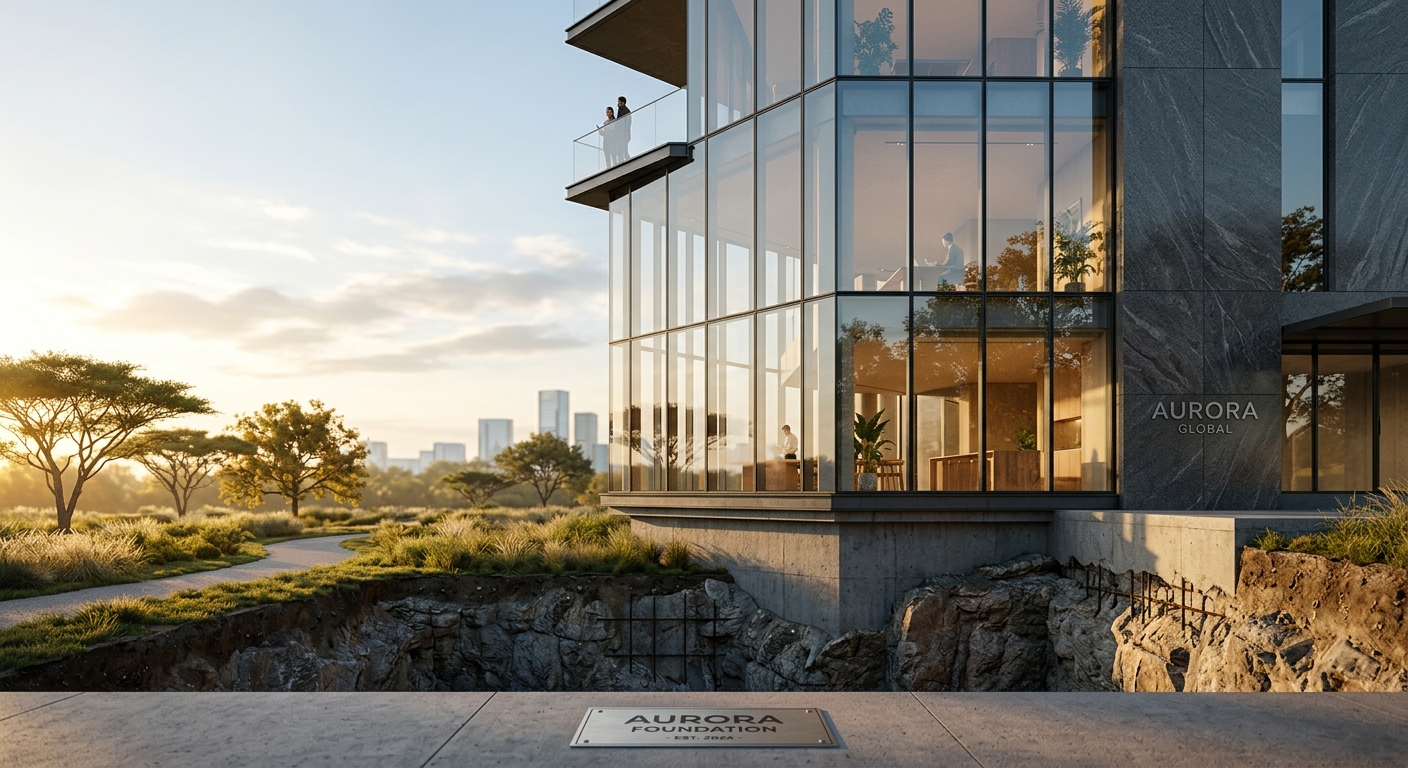 Modern glass building with Aurora Global signage and an Aurora Foundation plaque overlooking a sunset landscape