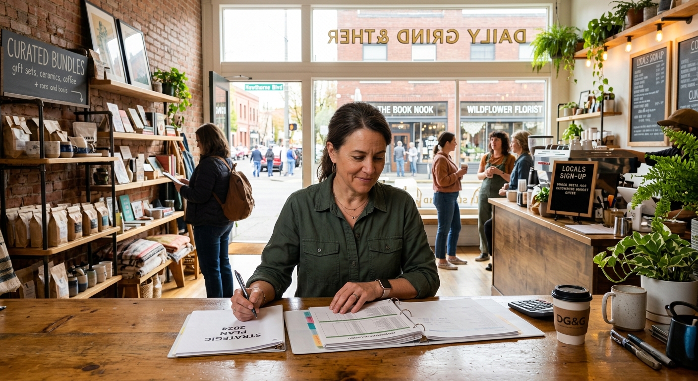 A woman works on a 2024 strategic plan binder at a wooden counter inside a cafe