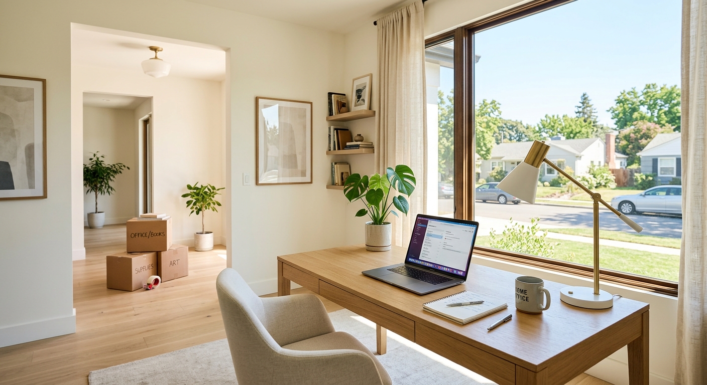 Bright home office with a desk, laptop, and large window. Moving boxes are visible in the hallway behind