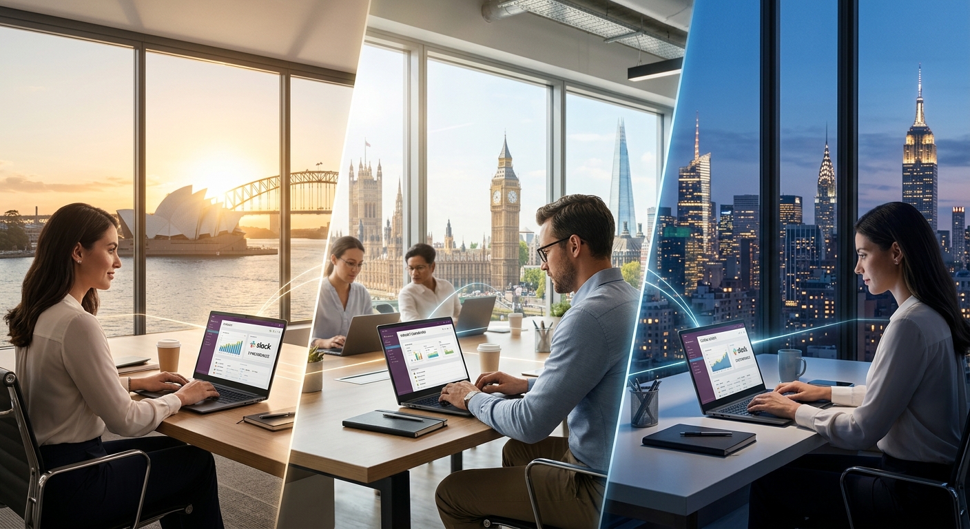Professionals in Sydney, London, and New York working on laptops, illustrating global connectivity across time zones