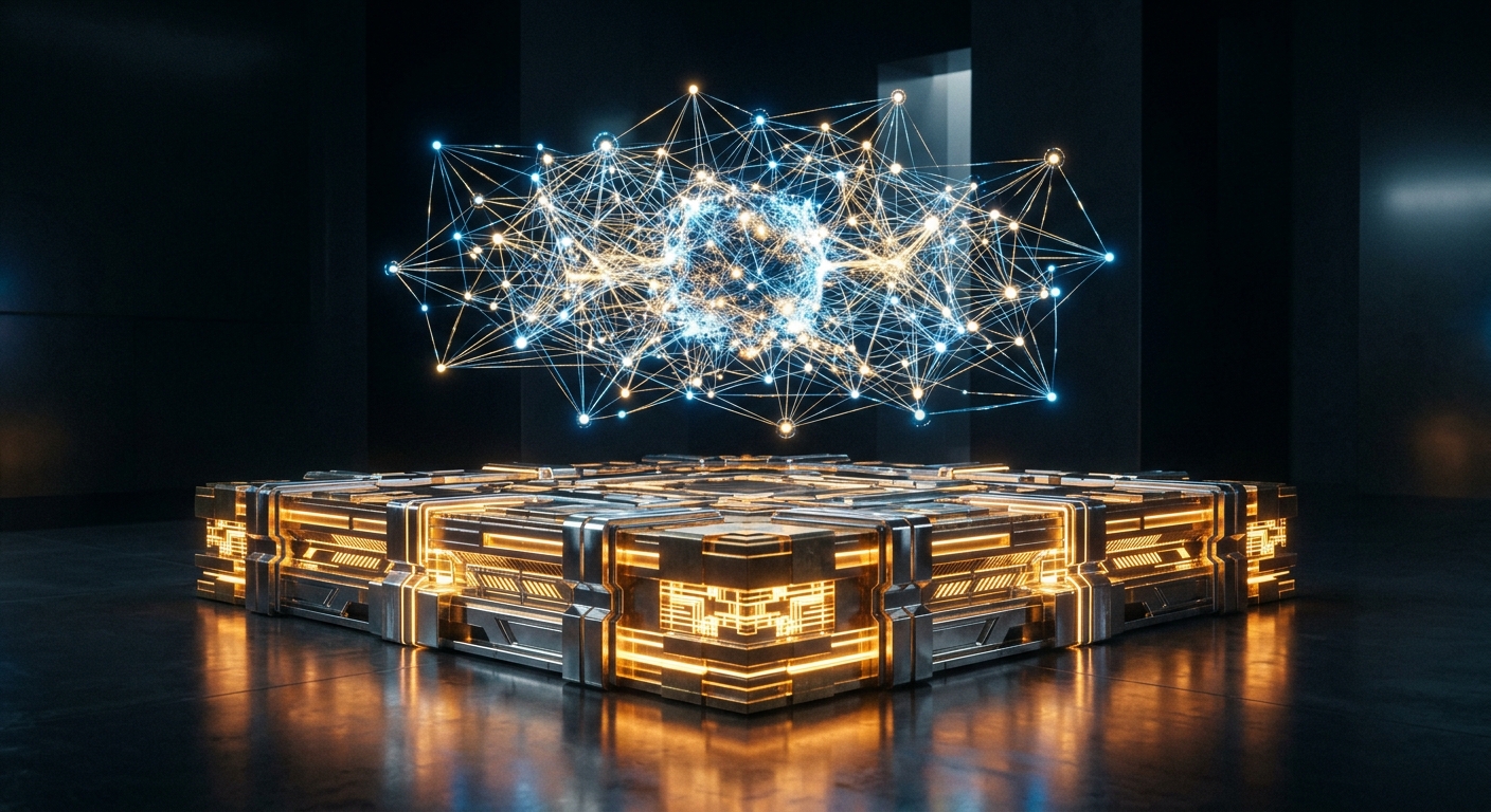 Interconnected network of glowing nodes and lines hovering above a futuristic, illuminated metallic platform
