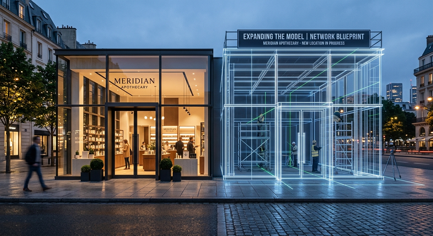 Meridian Apothecary storefront next to a glowing blue wireframe of a new location under construction