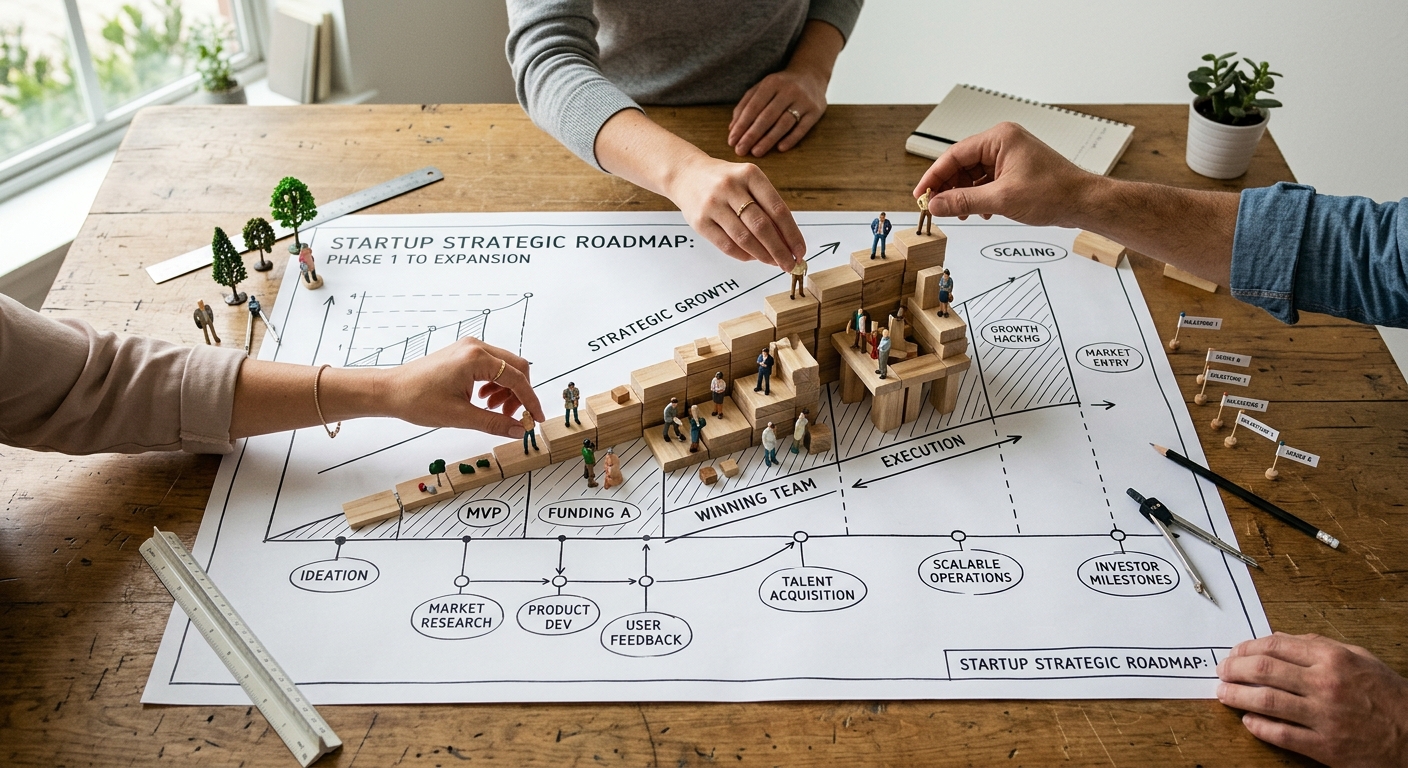 People collaborating on a startup strategic roadmap diagram illustrating growth from ideation to scaling