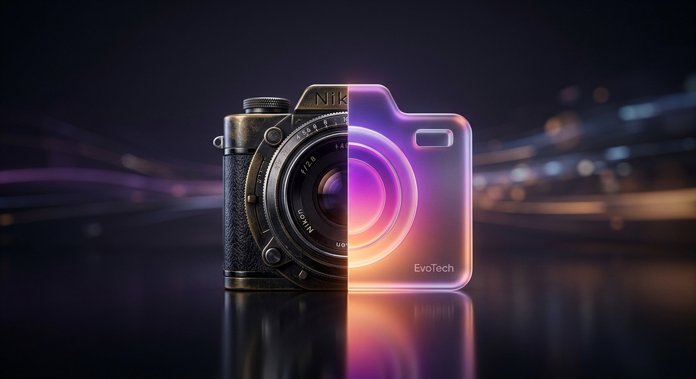 Split image comparing a vintage mechanical Nikon camera with a futuristic, glowing EvoTech digital camera
