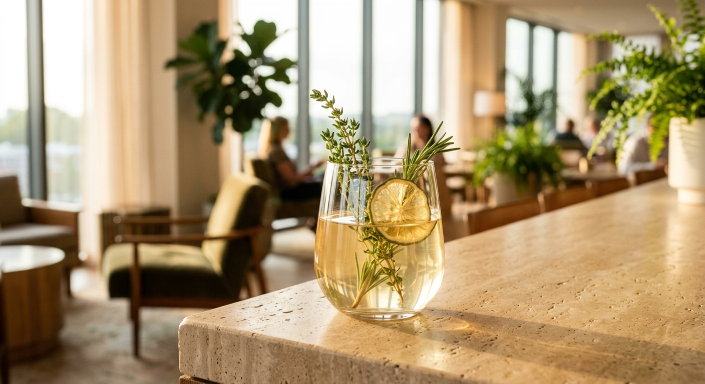 A cocktail garnished with a lime slice, rosemary, and thyme on a stone bar in a bright, plant-filled lounge
