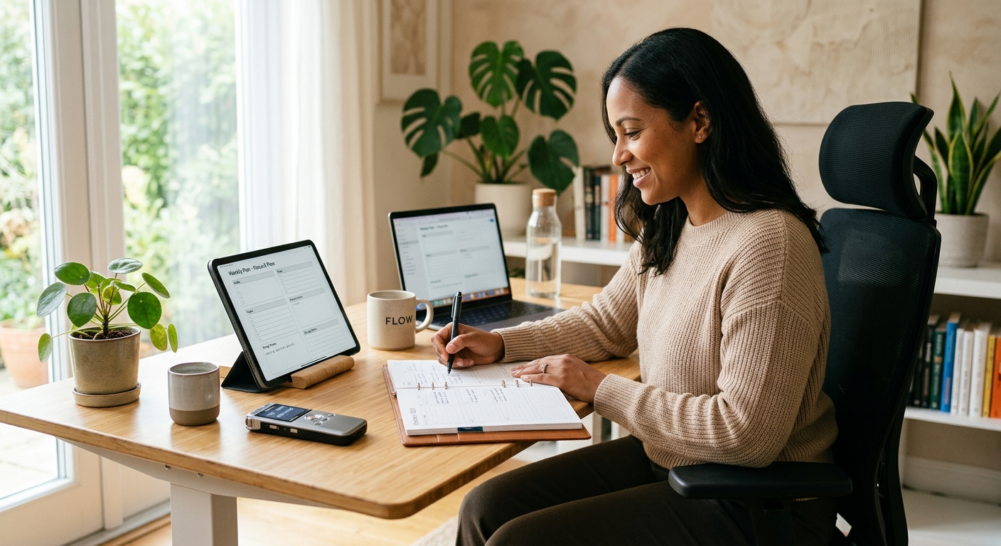 A woman smiles while writing in a planner at a desk with a laptop and tablet in a bright home office