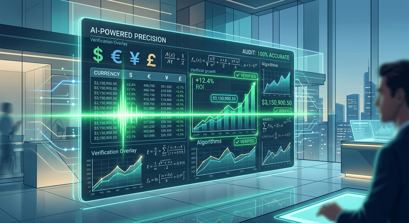 Futuristic holographic dashboard displaying financial data, charts, and text reading AI-POWERED PRECISION