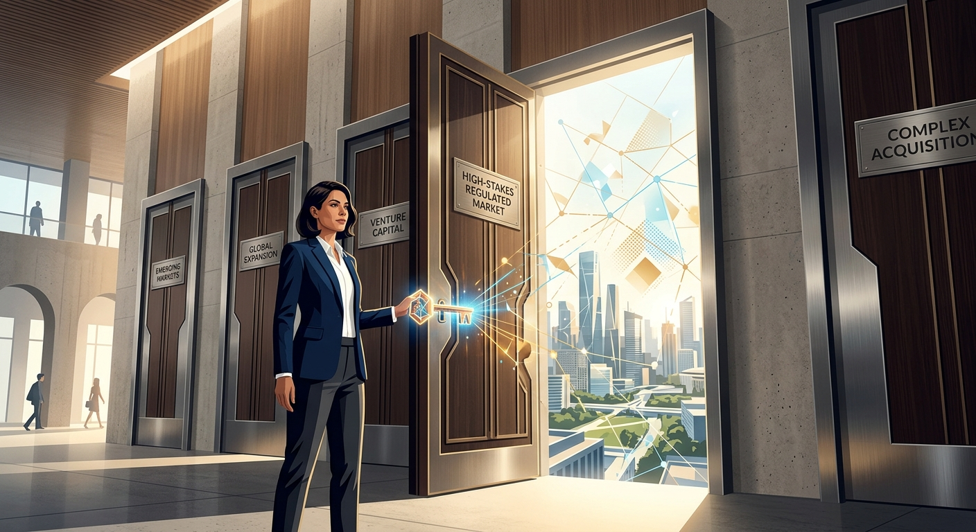 Woman using a glowing key to open a door labeled High-Stakes Regulated Market, revealing a bright city skyline