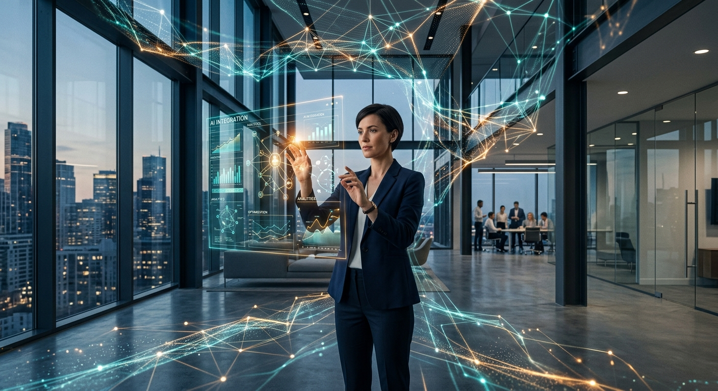 A professional woman interacts with a holographic AI integration dashboard in a modern office