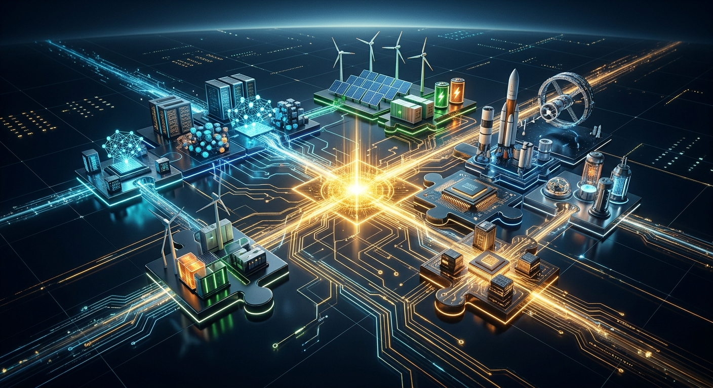 Interconnected puzzle pieces representing renewable energy, space tech, and data centers on a glowing digital circuit grid